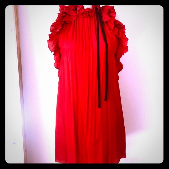 red ruffle short dress